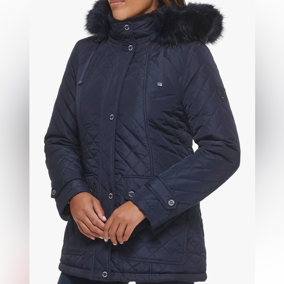 NWOT Tommy Hilfiger Water Resistant Faux Fur Trim Hood Puffer Coat M Green/Blue - Picture 3 of 15